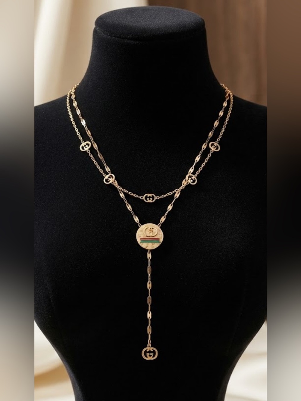 Fashion Jewelry Gold-Tone Layered Lariat Necklace with Medallion